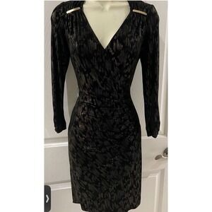 Designer Cache $178 Black & Gold Long-Sleeved Faux Wrap Elegant Dress size XS